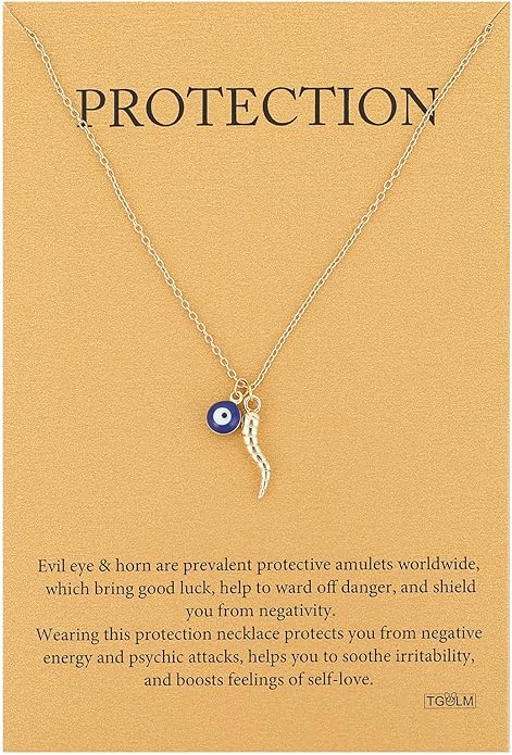 Dainty Blue Evil Eye Charm Horn Pendant Necklace for Women's Spiritual Protection Jewelry 14K Gold Plated