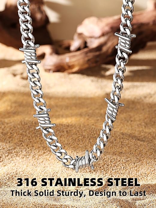 Bestyle Barbed Wire Necklace 5/7/9/12mm Mens Chain Necklaces Hip-hop Punk Gothic Stainless Steel Chain Heavy Thick Cuban Link Chain for Men Women, Length 16/18/20 Inch