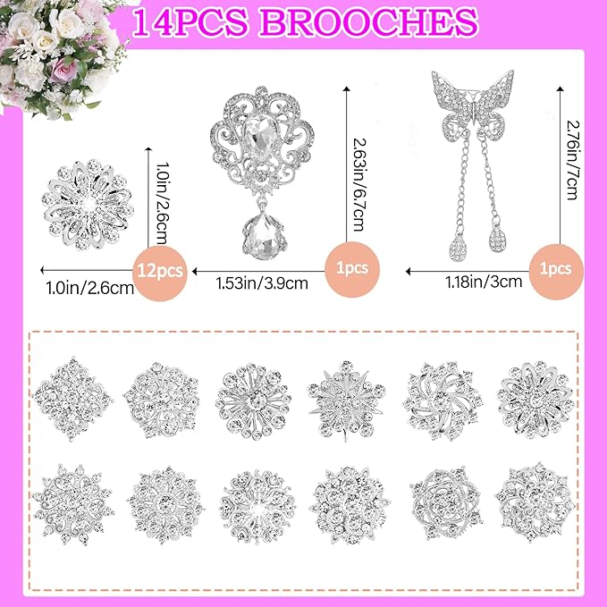 Yhsheen Silver Rhinestone Brooches Pin Kits Crystal Pearl Brooches for Bouquets for Wedding Decoration Accessories Jewelry Making Crafts(Sliver-14PCS)-D