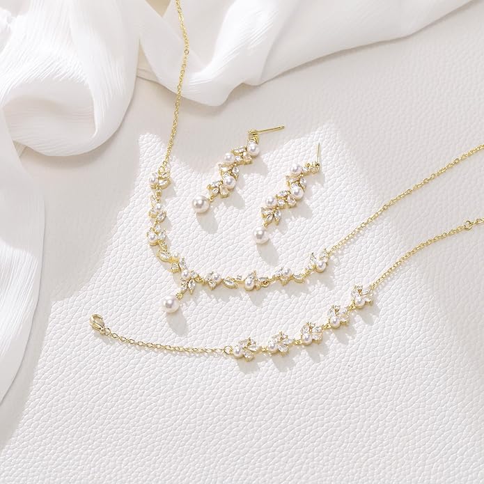 EleQueen Women's Simulated Pearl Wedding Jewelry Set, Cubic Zirconia Marquise Floral Bridal Necklace Earrings Bracelet Sets