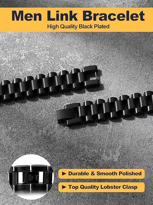 U7 Link Bracelets for Men, Cuban Link/Rope/Watch Band Solid Bracelet, Silver Black Gold Color Wrist Bracelet 3/6/9/12/15mm Width, 6.5/7.5/8.3 Inch Length, Hand Chain Jewelry for Mens Women