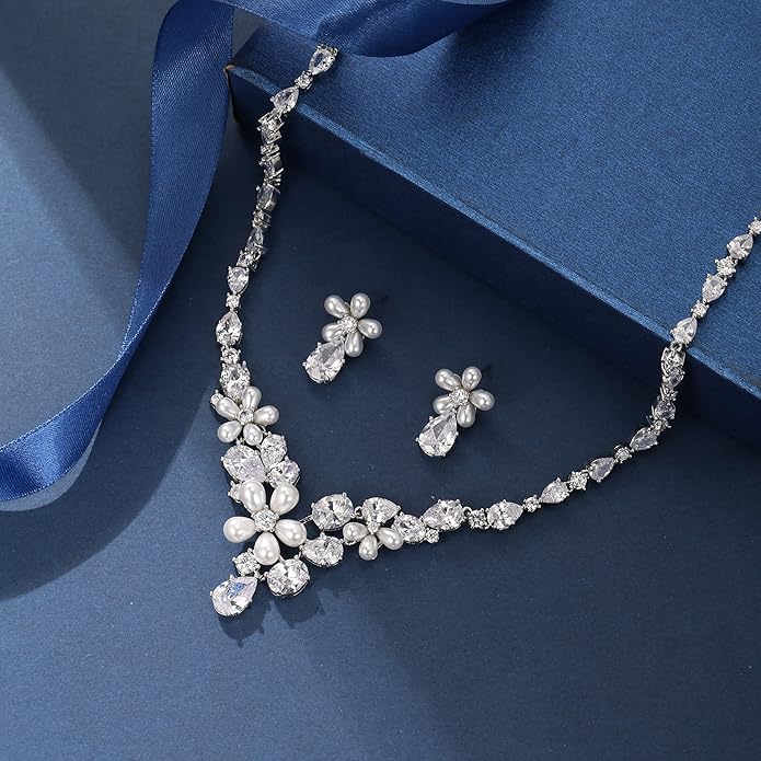 EleQueen Women's Simulated Pearl Wedding Jewelry Set, Cubic Zirconia Marquise Floral Bridal Necklace Earrings Bracelet Sets