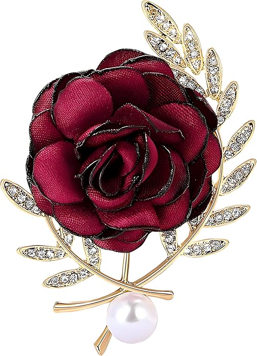 Dreuyet Rose Flower Brooch for Women Dainty Elegant Satin Fabric Flower Lapel Pins Vintage Pearl Camellia Crystal Pin Dress Suit Accessories Valentine's Day Wedding Bouquet Jewelry ﻿