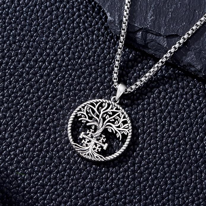 Dorunmo Christmas Gift Tree of Life Jerusalem Cross Necklace 925 Sterling Silver Vintage Celtic Tree Pendant Necklaces for Women Men Christian Faith Jewelry Spiritual Protection Amulet Xmas Jewelry Stocking Stuffers
