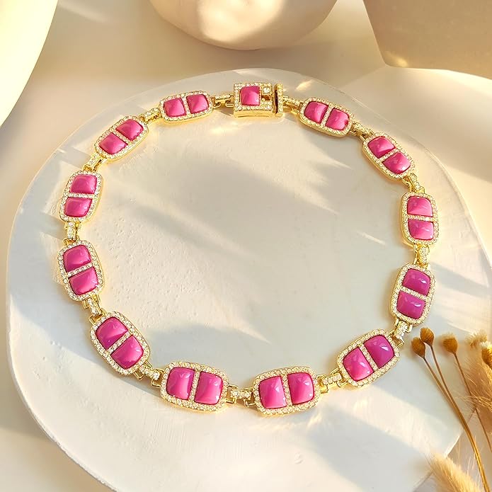 Chunky Necklace for Women 12 Colors Diamond Stone Gold Statement Necklace for Women Full Trendy Blue Birthstone Choker Necklace for Women Square Design Necklace Jewelry