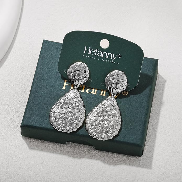 Hefanny Large Hammered Teardrop Dangle Earrings Geometric Chunky Flower Earrings Women's Trendy Statement Jewelry Multiple Styles