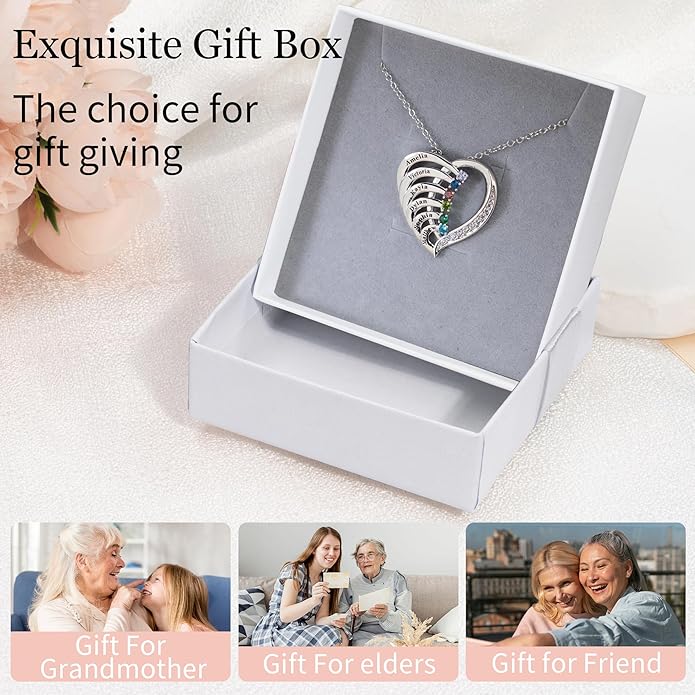 Easycosy Custom Name Necklace with Simulated Birthstones Customized Promise Necklace Heart Pendant with Engraved 2-6 Names - Anniversary Birthday Christmas Jewelry Gifts for Women Wife Mom Grandma