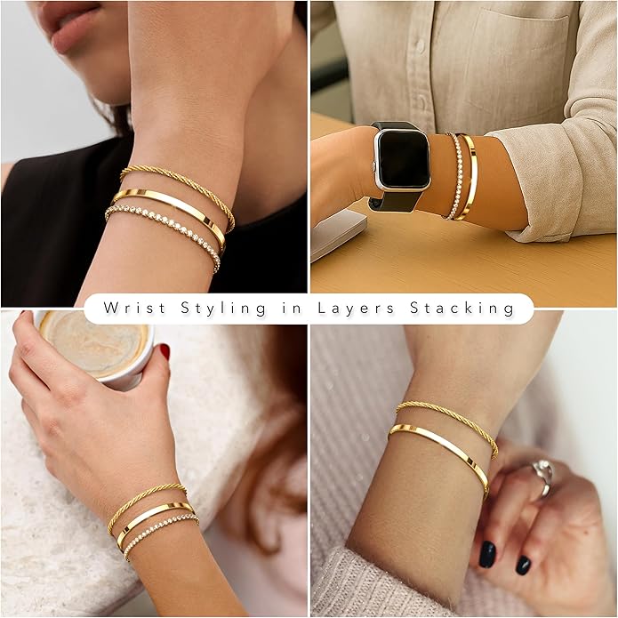 Silver Bracelets for Women Stack, Silver or Gold Plated Cuff Bangle Set, Trendy Silver Jewelry for Women Fashion