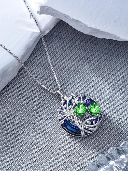 TOUPOP s925 Sterling Silver Family Celtic Tree of Life Pendant Necklaces with 2 Heart Birthstone with Blue Austrian Crystal Jewelry Birthday Anniversary Christmas Gifts for Her Wife Girlfriend Mom (18K Real White Gold Filled)