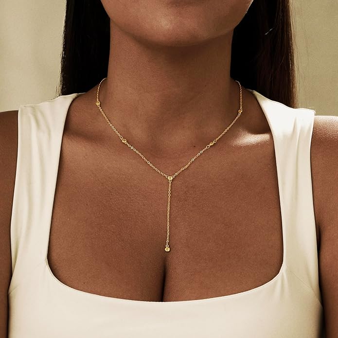 Long Gold Necklace for Women Trendy, Dainty Layered Lariat Necklace 14k Gold Plated Silver Y Shaped Beaded Chain Non Tarnish Drop Necklaces Simple Adjustable Jewelry Gift