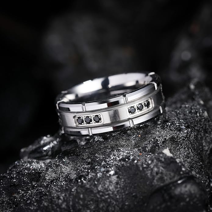 King Will Mens Tungsten Wedding Band with Cubic Zircon Inlay 7mm/8mm Flat Cut Comfort Fit Engagement Rings