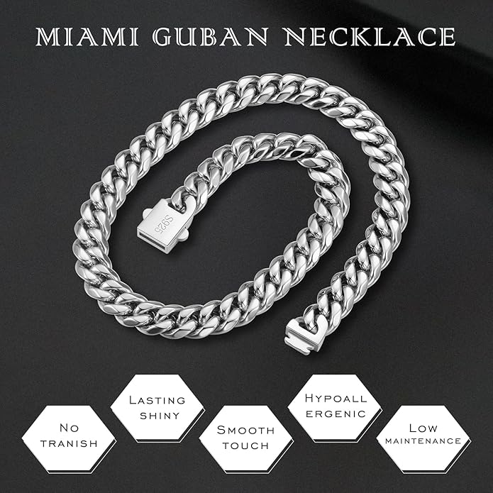 11mm Miami Cuban Link Chain Neckalces for Men Women, 316l Stainless Steel and 925 Sterling Silver Filled, Silver Cuban Mens Necklaces Jewelry Gifts Available In 20/22/24/26/28/30 Inches