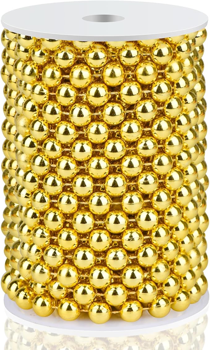 ZJJZGYXINTAI Craft String Pearls 10MM Pearl Bead, 33Feet Gold Faux Pearl Garland Spool Roll Strand Wedding Party Decoration, Christmas Tree Decorations