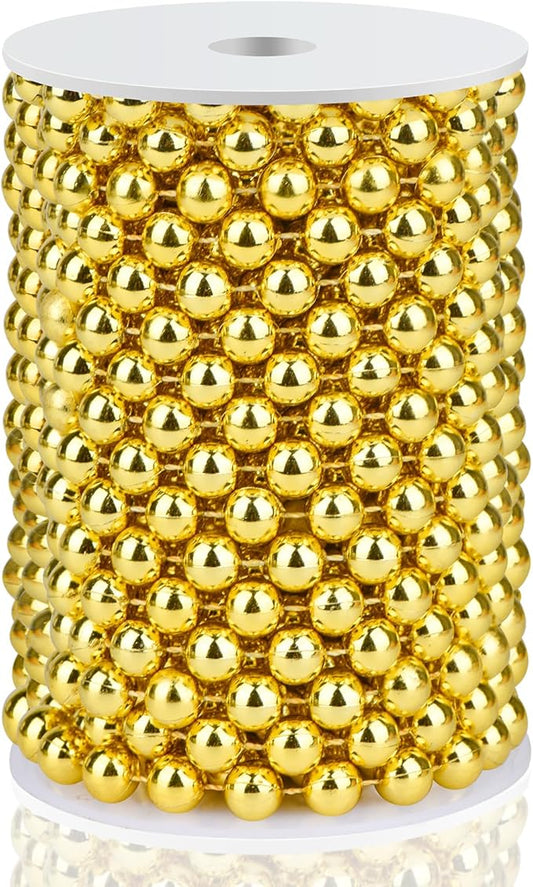 ZJJZGYXINTAI Craft String Pearls 10MM Pearl Bead, 33Feet Gold Faux Pearl Garland Spool Roll Strand Wedding Party Decoration, Christmas Tree Decorations