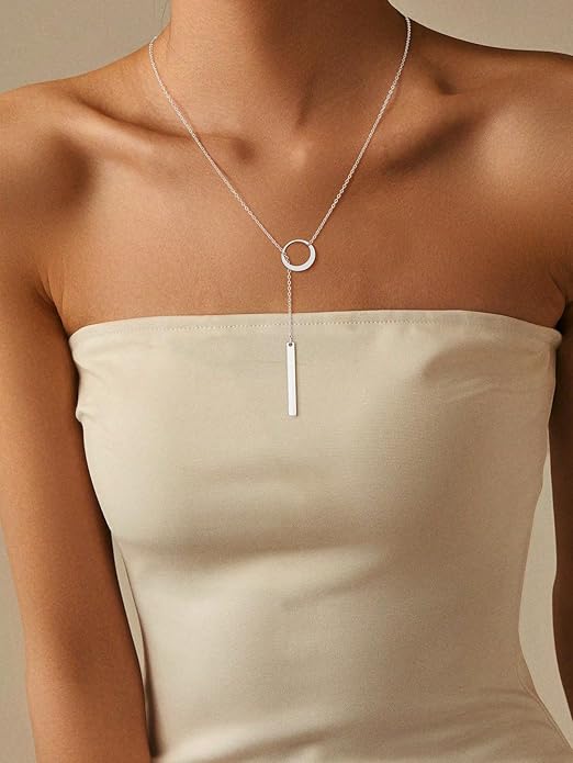 Lariat Gold Necklaces for Women Trendy Dainty Long Necklace 14k Gold Plated/Silver Layered Drop Beaded Chain Necklaces Y-shaped Pendant Necklace Simple Gold Jewelry Gifts