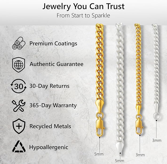 KRKC&CO Silver Cuban Link Chain for Men, Gift for Him Husband Dad, 925 Sterling / 24K Gold Plated and 316l Stainless Steel Base, 3/5mm Miami Necklace Jewelrys, Cadena de Plata