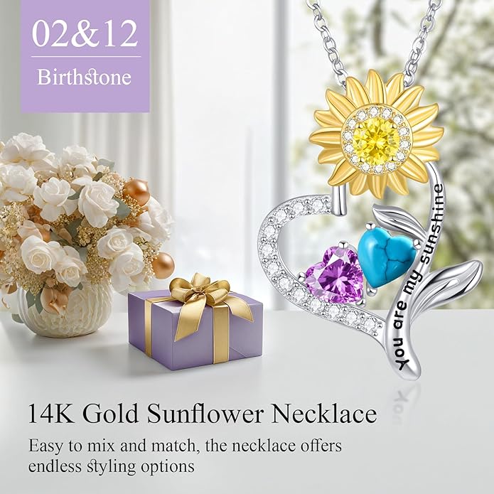 PERJI Valentine's Day Gifts for Women - 925 Sterling Silver Double Birthstone Sunflower Necklace, Anniversary Birthday Jewelry You are My Sunshine Gifts for Wife Couple Girlfriend 18"+2" Non Tarnish