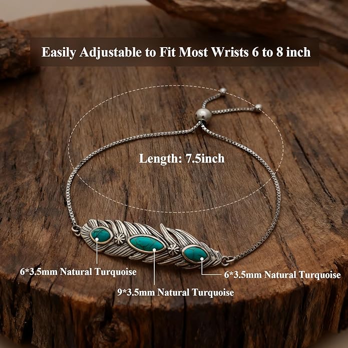 Genuine Turquoise Feather Bracelet for Women 925 Sterling Silver Native American Real Turquoise Adjustable Boho Bracelets 6 to 8 Inch