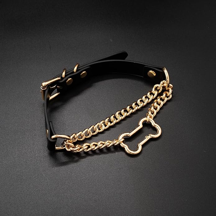 Black/Pink Leather Choker Collar For Women, Handmade Gothic Slip Chain Necklace with Bone Clasp