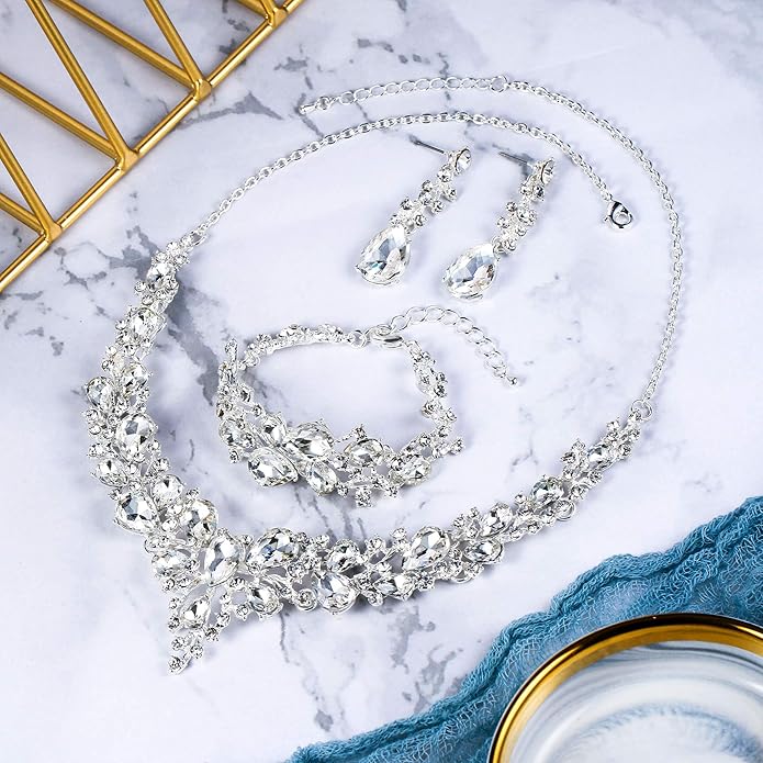 BriLove Wedding Bridal Jewelery for Women Austrian Crystal Teardrop Cluster Statement Necklace Dangle Earrings Link Bracelet Set