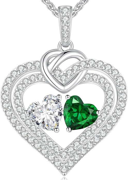 LOUISA SECRET Sparkling Double Heart Birthstone Necklaces for Women, 925 Sterling Silver Fine Jewelry, Pendant Heart Necklaces Birthday Anniversary Christmas Gift for Women Wife Mom Girlfriend Lady