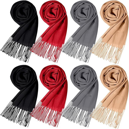 Suhine 8 Pcs Winter Scarves Bulk for Women Lightweight Blanket Scarf with Tassel Edge Pashmina Shawl for Women Men