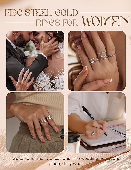 FIBO STEEL 14K Gold Plated Stackable Rings for Women Non Tarnish - Dainty Rings Cubic Zirconia Thin Ring Set Minimalist Thumb Stacking Ring Size 5-11