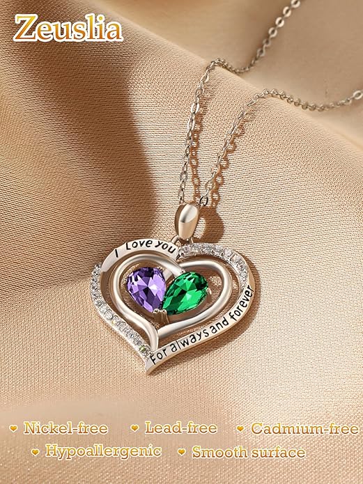 Zeuslia Double Birthstone Necklace Gifts for Wife - 925 Sterling Silver Sunflower/Rose/Crown Cross/Compass/Heart Pendant I Love You Necklace, Anniversary Birthday Gifts for Wife Girlfriend Mom Her