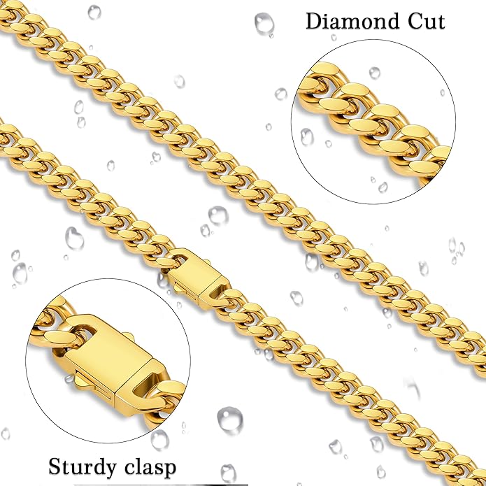 Fiusem Valentines Day Gifts for Him Silver Tone/Black/14K Gold Plated Chain Necklace for Men, 5mm/6mm/7.5mm/8mm/9mm Stainless Steel Cuban Link Chain Necklace, Men's Chains 18-28 Inch Jewelry Gifts