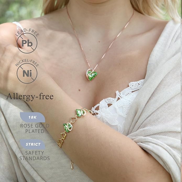 Leafael Rose Gold Plated Necklace for Women: Heart Shaped Birthstone/Healing Crystals Center, Dazzling Cubic Zirconia, Hypoallergenic Chain (18"+2"), Jewelry Gifts for Anniversaries and Birthdays