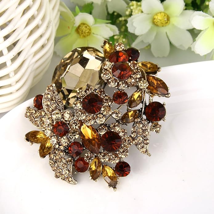 EVER FAITH Rhinestone Crystal Party Flower Leaf Vine Brooch
