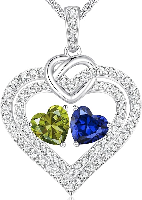LOUISA SECRET Sparkling Double Heart Birthstone Necklaces for Women, 925 Sterling Silver Fine Jewelry, Pendant Heart Necklaces Birthday Anniversary Christmas Gift for Women Wife Mom Girlfriend Lady
