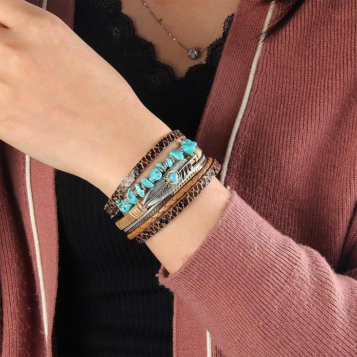 Fesciory Leopard Bracelet for Women, Boho Leather Wrap Multi-Layer Pearl Crystal Bracelet Bangle Jewelry