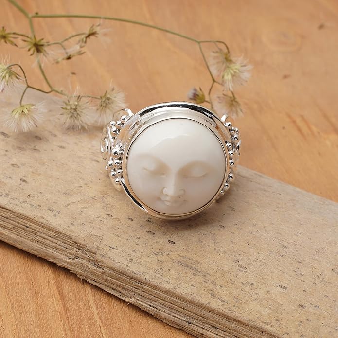 NOVICA Artisan Handmade Bone Ring Crafted .925 Sterling Silver Cocktail Indonesia 'Face of The Moon'