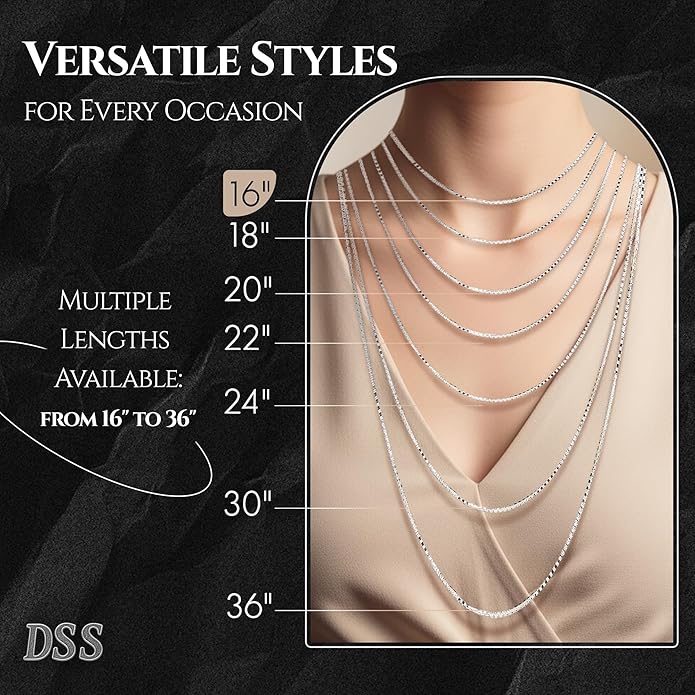DSS 925 Sterling Silver Necklace for Women, Box Chain 1.5mm, Lobster Claw Clasps, Sterling Silver Chain, Italian Jewelry for Women, 16in - 36in