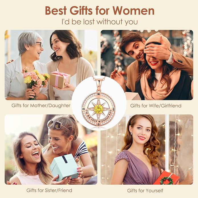 Zifeel Compass Necklace Gifts for Women wife - S925 Sterling Silver Birthstone Necklaces for Women - Anniversary Birthday Gifts for Her Wife Girlfriend - Valentines Mom Mothers Day Christmas Gifts Jewelry for Women
