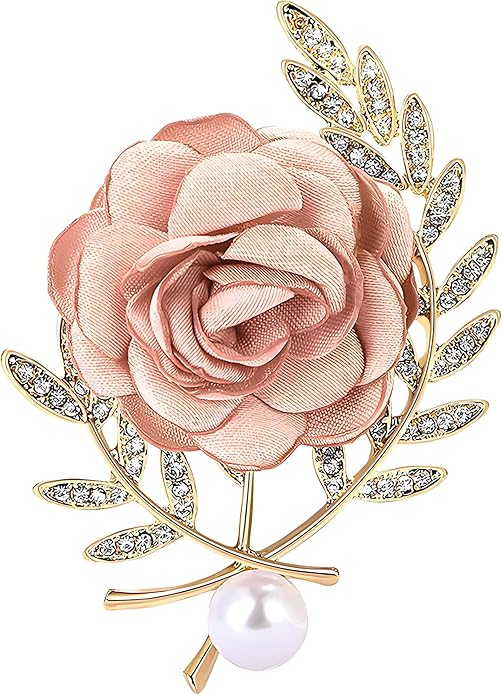 Dreuyet Rose Flower Brooch for Women Dainty Elegant Satin Fabric Flower Lapel Pins Vintage Pearl Camellia Crystal Pin Dress Suit Accessories Valentine's Day Wedding Bouquet Jewelry ﻿