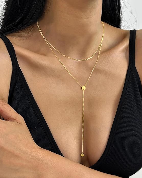 Yoosteel Long Lariat Necklace for Women - Dainty Y-Shaped Necklaces 14K-Gold-Plated Drop Chain Simple Jewelry Trendy Gifts for Women