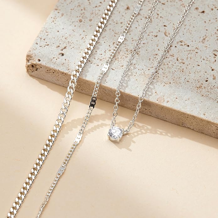 WomenGifts Layered Gold Necklaces for Women, 14K Gold Sterling Silver Plated Dainty Pendant Necklace Set with Cubic Zirconia Circle, Chunky Stackable Cuban Chain Choker, Trendy Personalized Birthstone Jewelry Gift Non Tarnish