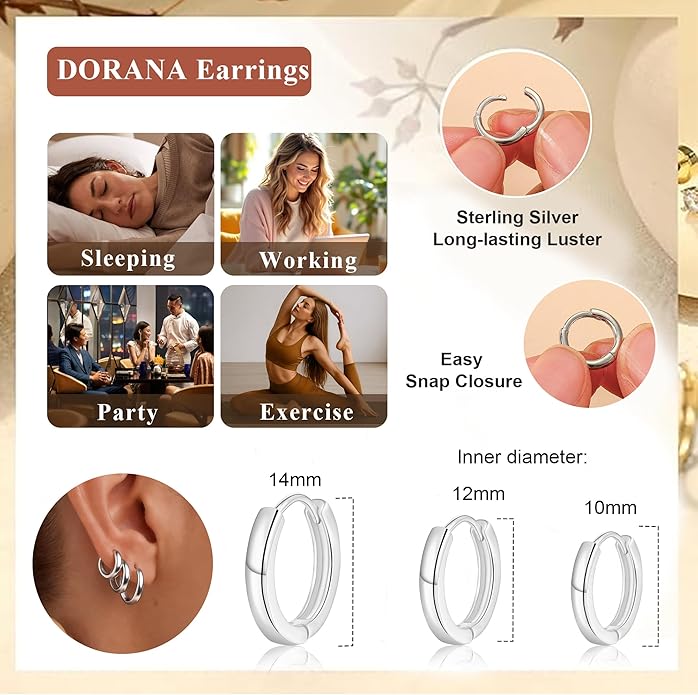 DORANA Valentines Day Gift 3 Pairs 925 Sterling Silver Earrings for Women Girls Non Tarnish Small Hypoallergenic Huggie Hoops Cartilage Stack Earring Sets for Multiple Piercing