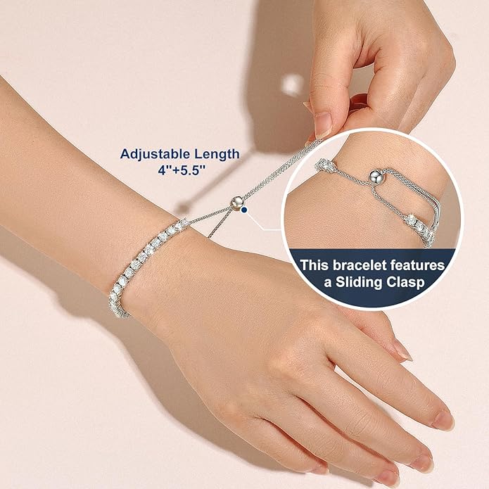 Moissanite Tennis Bracelet 1.52ct-7.76ct Adjustable Bracelet for Women 18K White Gold Plated S925 Sterling Silver Tennis Bracelet D Color VVS1 Round Cut 2/3/4mm Moissanite Bracelet Gifts for Wife/Mom