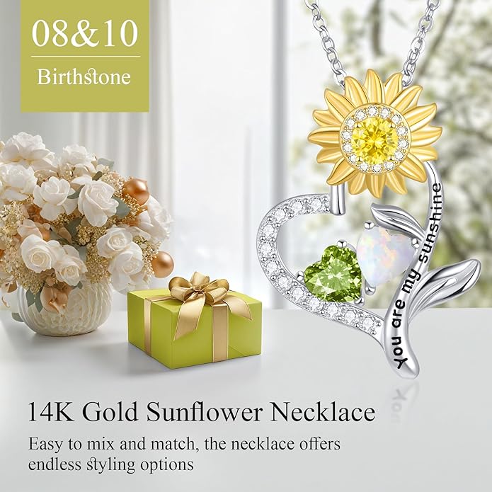 PERJI Valentine's Day Gifts for Women - 925 Sterling Silver Double Birthstone Sunflower Necklace, Anniversary Birthday Jewelry You are My Sunshine Gifts for Wife Couple Girlfriend 18"+2" Non Tarnish