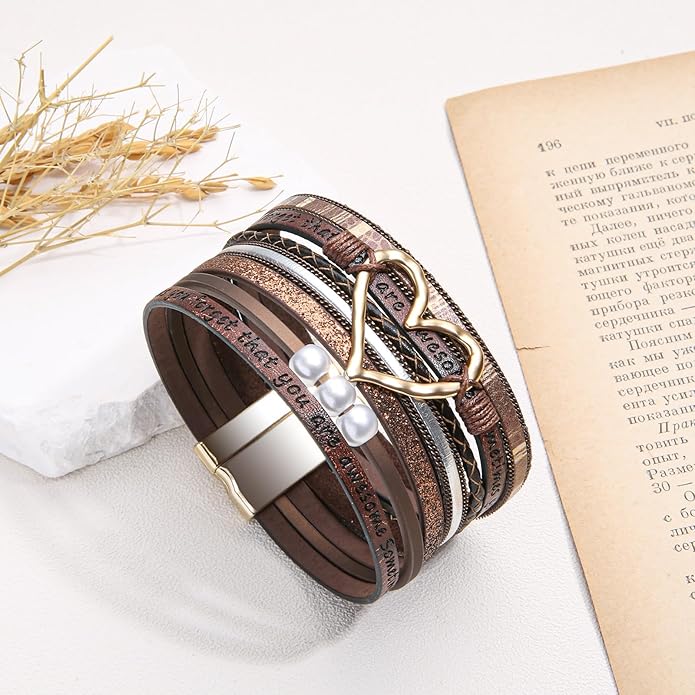 Desimtion Boho Layered Leather Wrap Inspirational Bracelets for Women, Sometimes You Forget Your Awesome Gifts for Women, Teen Girl Gifts Trendy Stuff, Christmas Jewelry for Women Girls