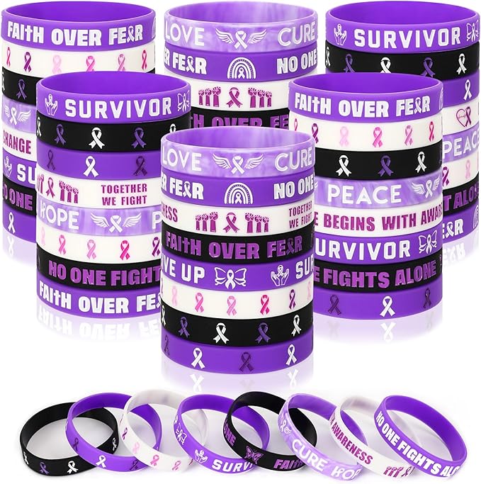 JUNEBRUSHS 64pcs Purple Ribbon Awareness Silicone Bracelets Hope Faith Courage Accessories Wristbands for Lupus Domestic Violence Epilepsy Pancreatic Cancer Alzheimers Awareness Party Supplies