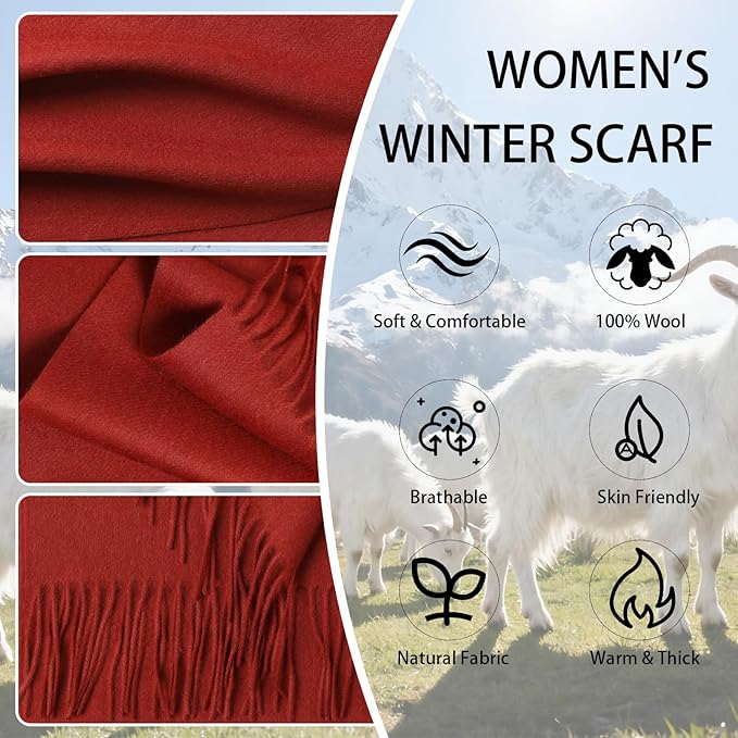 WASALUYA Wool Scarf for Women & Men, 100% Wool Scarves Wrap Shawl with Tassels, Elegant Soft Winter Scarf for Fall and Winter