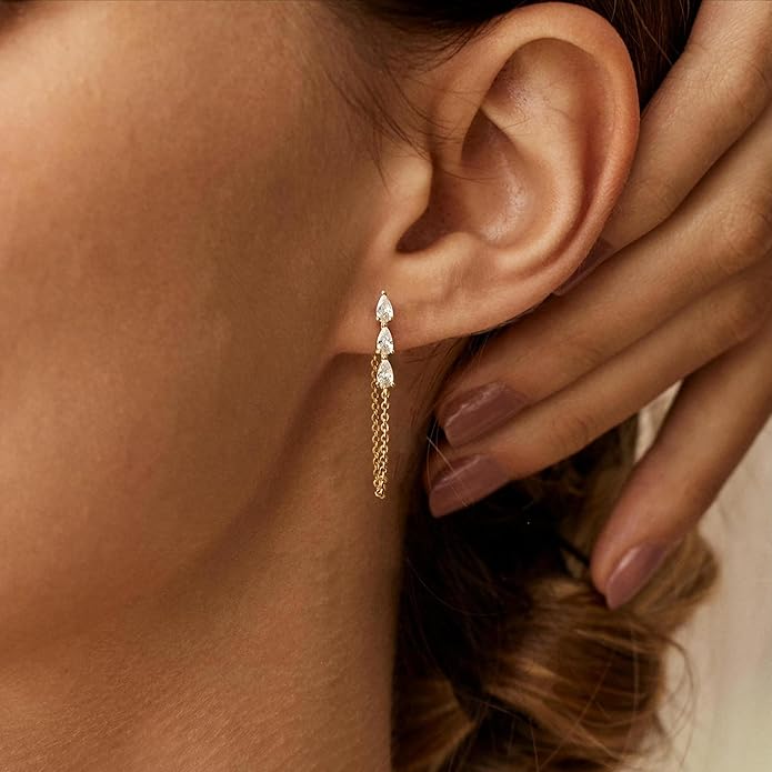 Gold Earrings for Women,Dainty 14k Gold Plated Pearl Drop Earring Dangle Pearl Dangling Earrings for Women Trendy Small Cute Wedding CZ Earring Long Chain Threader Prom Jewelry Gifts