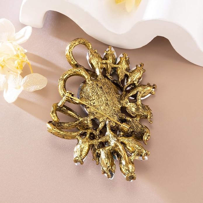 SELOVO Leaf Rhinestone Statement Brooch Pin Dress Jewelry Accessory