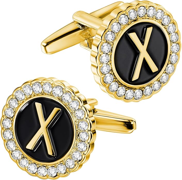 HAWSON A-Z Initial Cufflinks for Men and Women with Clear Crystal, Gold Silver Color Rasied Letter A-Z Cuff Links for French Shirt, Gift for Normal and Business Wearing