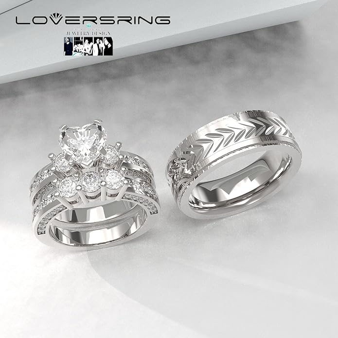 TWO RINGS Wedding Ring Sets His And Hers Promise Ring Couples Bridal Sets Women 925 Sterling Silver square Cz Man Stainless Steel Brushed Finished Wedding Bands