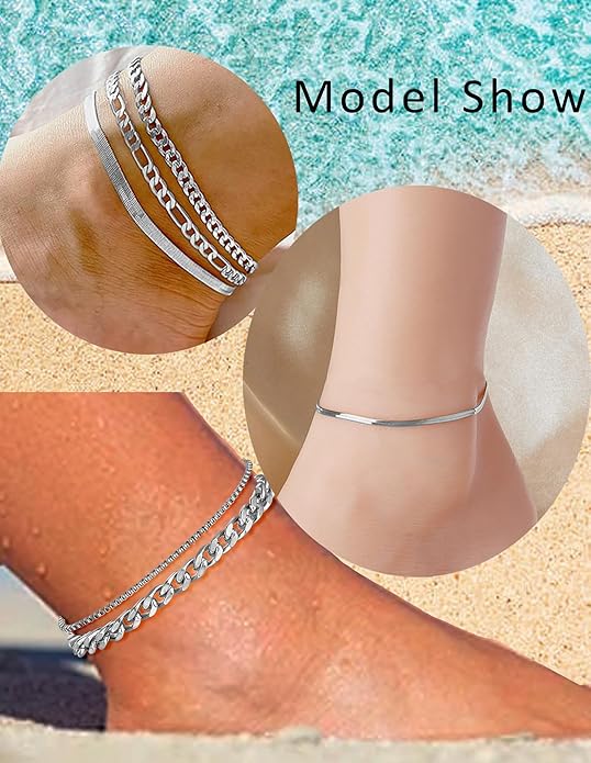 6PCS 18k Gold Plated Stainless Steel Ankle Bracelets for Women Waterproof Layered Herringbone Figaro Bead Paperclip Rope Tennis Box Cuban Link Rolo Satellite Chain Anklets Set Gold Tone
